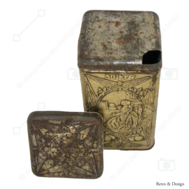 Antieke blikken trommel voor suiker met schenkdeksel en geperste versieringen in reliëf van De Gruyter
