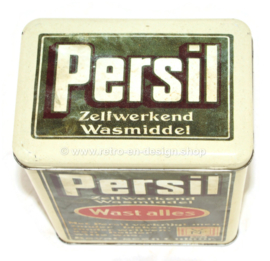 Rechthoekige retro-vintage blikken trommel van Persil voor zelfwerkend wasmiddel, met opschrift: Wast alles!