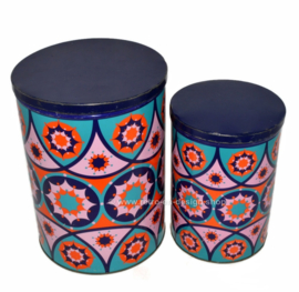 Vintage set of two tin drums with psychedelic kaleidoscope pattern by Tomado