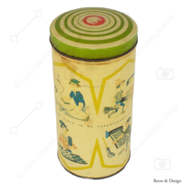 Vintage round cylindrical Hille rusk tin with drawings of the work of a rusk baker