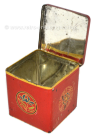 Vintage blikken kubus voor thee van Van Nelle met afbeelding Oosterse leeuw