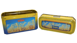 Yellow / blue tin box for Wasa Crackers with an image of ripe grain