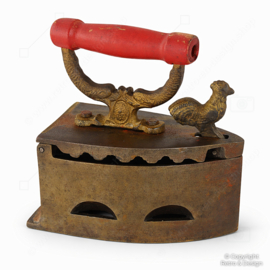 Vintage Charcoal Iron with Rooster Finial – Steel & Brass – Brocante Decor