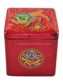 Cubo de hojalata vintage para té de Van Nelle con una imagen estilizada de un león oriental
