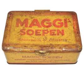 Vintage rechthoekig geel met rood blik "Maggi soepen"