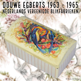 Lata Brocant Douwe Egberts con tapa redondeada con bisagras e imagen de pájaros y flores estilizados