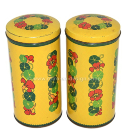 Set aus zwei zylindrischen gelben Vintage Verkade-Keksdosen mit Kapuzinerkressen