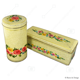 Crèmekleurige beschuitbus en peperkoekblik met bloemen en craquelé motief voor VERKADE