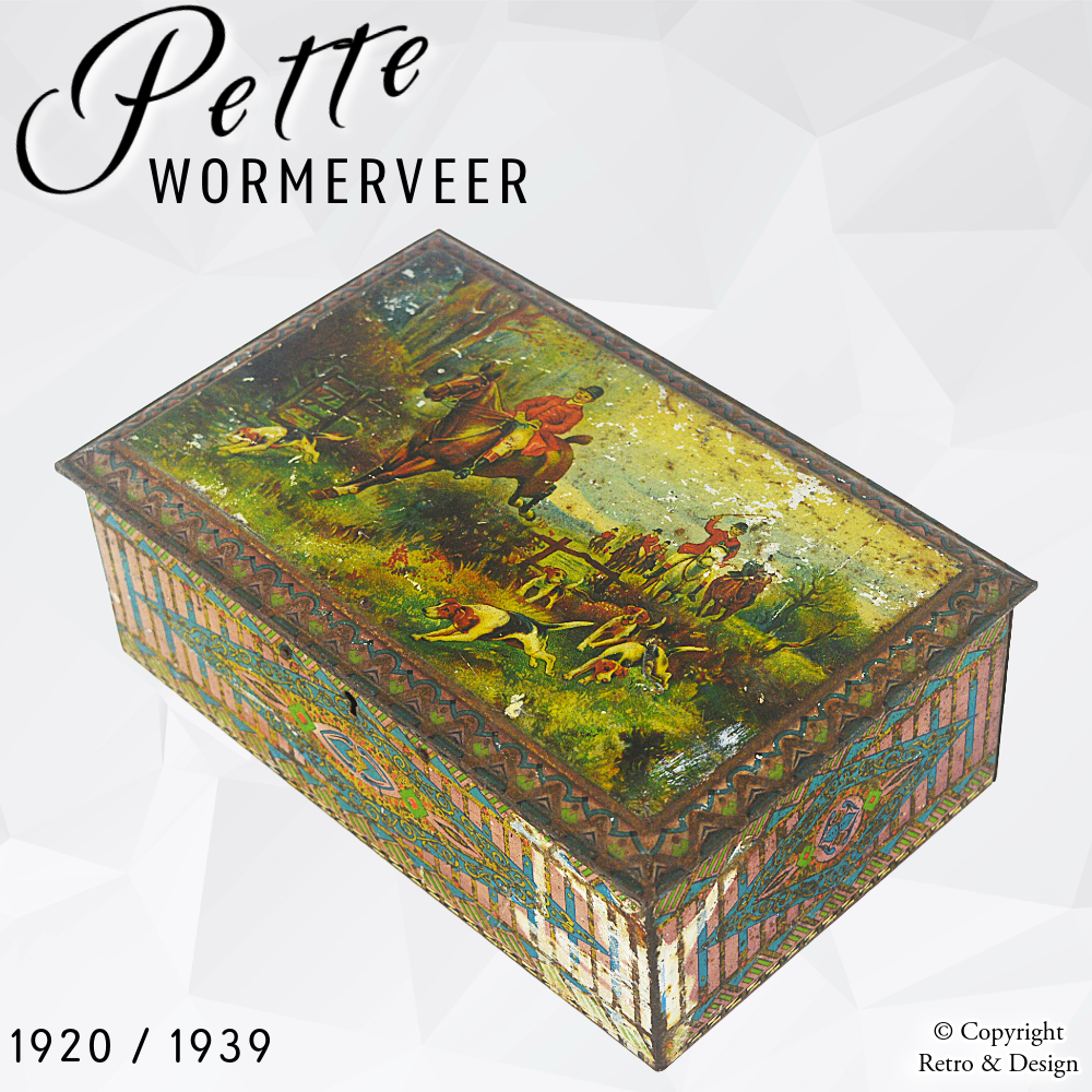 Vintage Cacaotrommel met Slotje – Pette Wormerveer (1920-1939) met jachtthema
