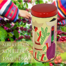 Vintage blikken koffiebus van Albert Heijn met afbeeldingen van de koffieoogst