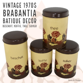 Vintage set blikken voorraadbussen en beschuitbus van Brabantia voor Koffie, Thee en Suiker in "Batique" decor