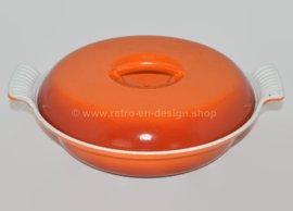 Brocante flamed orange cast iron three-compartment dish or casserole made by DRU with heavy cast iron lid