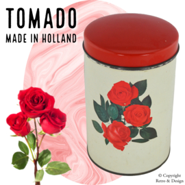 "Vintage Tomado Blik made in Holland: Wit met Rode Rozen en Groen Blad!"