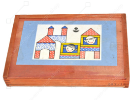 Vintage wooden construction box with coloured wooden blocks by "VERO"