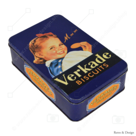 Vintage blue cookie tin with girl. M m m.. Verkade Biscuits