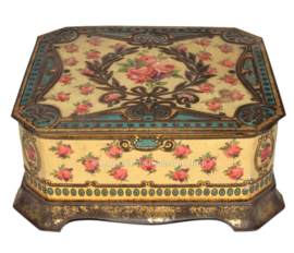 Vintage antique tin with roses, on feet