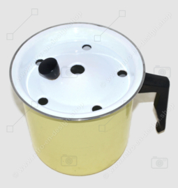 Brocante enamel yellow milk boiler or cooker with black bakelite handle and knob