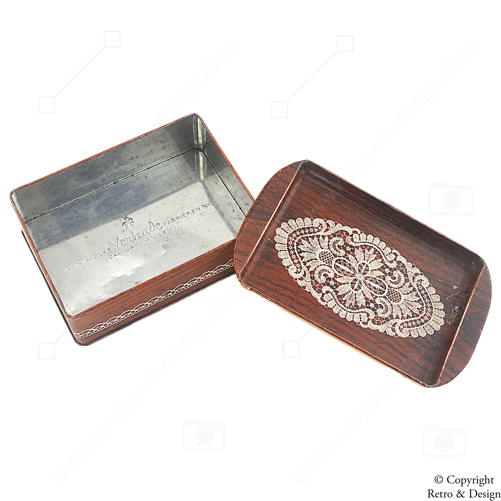 Vintage Verkade Metal Biscuit Tin – Woodgrain with Lace Doily Pattern (1967)