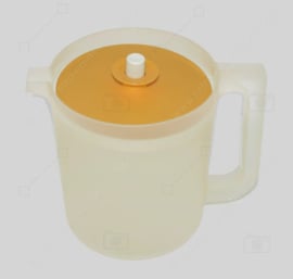 Vintage transparenter Tupperware Krug mit gelbem Verschlussdeckel, niedriges Modell
