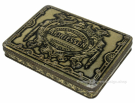 Rectangular antique tin with hinged lid, "A. Driessen, Dessert-chocolaad", silver colored