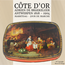 Boîte de chocolat Côte d'Or vintage avec la peinture "Jour de marché" par Adrien de Breakeleer