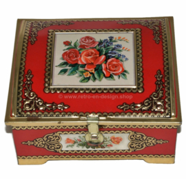 Rood vintage blikken bonbondoosje met rozendecoratie