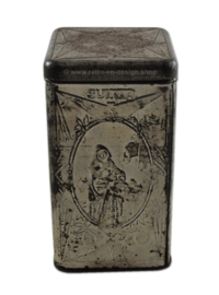 Silver-colored sugar tin made by De Gruyter with various images