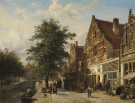 Rechthoekig sigarenblik van Ritmeester met afbeelding schilderij "Stadsgezicht te Enkhuizen" van Cornelis Springer.