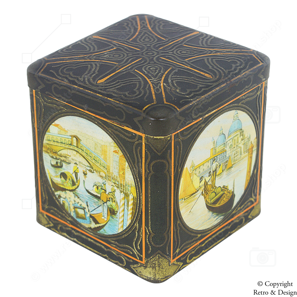 Vintage Van Houten Dose – Würfelförmig mit farbenfrohen Venedig-Motiven