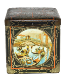 Boîte à cacao vintage carrée en forme de cube avec des images de Venise pour C.J. VAN HOUTEN