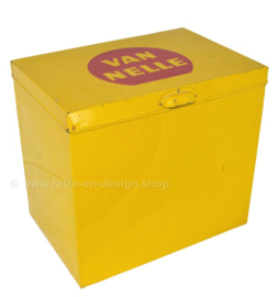 Large, yellow vintage shop counter tin with the brand name "Van Nelle" in a red circle on the lid