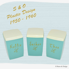 S&O vintage hard plastic canisters for coffee, sugar and tea in blue/white