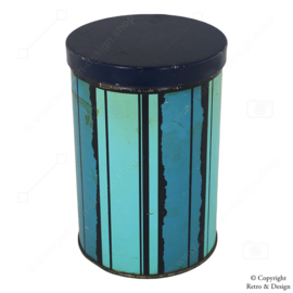 Vintage Tomado Blechdose mit blauen Tönen und schwarzen Streifen