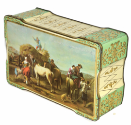 Boîte étain à biscuits vintage avec scène de foin et chevaux