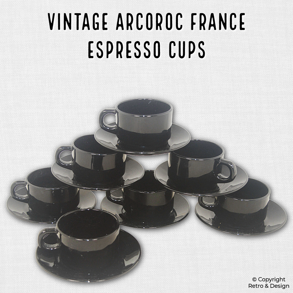 Black Espresso Set by Arcoroc France – Original 1980s Classic (7 Cups & Saucers)