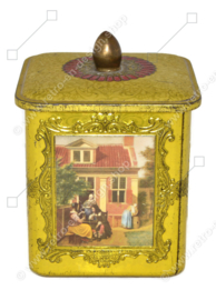 Square vintage tin with knob with paintings of Dutch masters