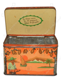 Rechthoekig vintage cacaoblik met scharnierend deksel, “De Gruyter’s cacao”, Oranjemerk