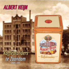 Vintage bewaarblik met scharnierend oversluitdeksel voor Perla koffie van Albert Heijn "Koffiebranders te Zaandam sinds 1895"