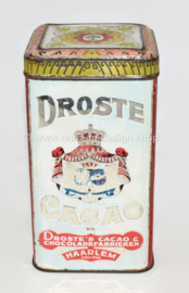 Square Cocoa tin with hinged lid “DROSTE’S CACAO” in red and light blue