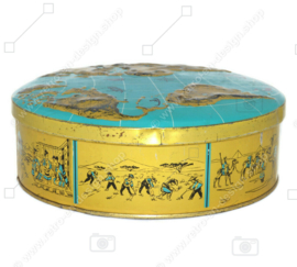 Vintage biscuit tin with a world map embossed on the lid