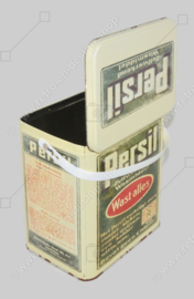 Rectangular retro-vintage tin by Persil for self-acting detergent, with the inscription: Washes everything!