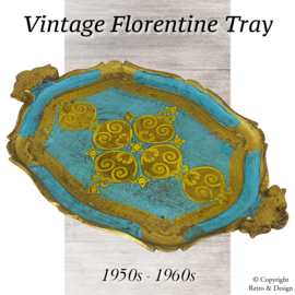 Plateau florentin vintage en bleu clair et or – Design intemporel des années 1950