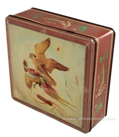 Boîte étain vintage de Van Melle avec représentation d'un oiseau de proie et de faisan