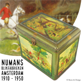Vintage shop tin with a hunting scene, Numans Blikfabrieken Amsterdam