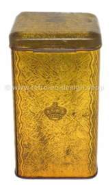 Vintage gold colored rectangular tea tin with Juliana and Wilhelmina of the Netherlands.