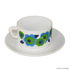 Arcopal Lotus soup bowl in blue/green floral pattern + saucer