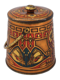 Cocoa tin in the shape of a bucket with handle and lid, with embossed flowers and butterflies for Wessanen Cocoa