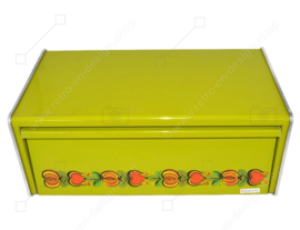 Vintage groene Brabantia broodtrommel met rood/oranje fruit design