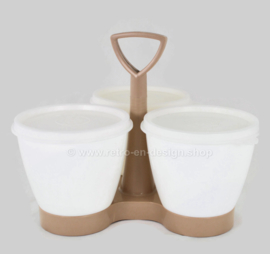 Ensemble Condimate Tupperware, caddie marron clair avec tasses blanches