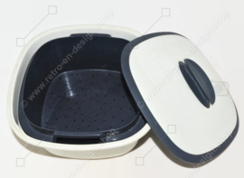 Vintage Tupperware Tamiz-Servidor azul y blanco o Multiserver/Steamer con tapa y perilla